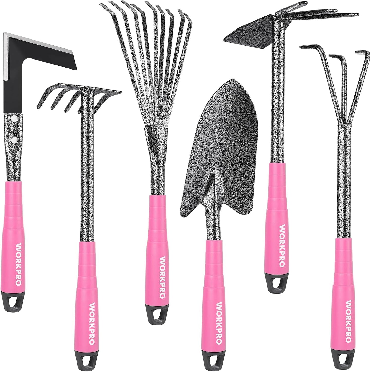 Set 6 herramientas jardín rosa mango goma paleta rastrillo azada 2en1