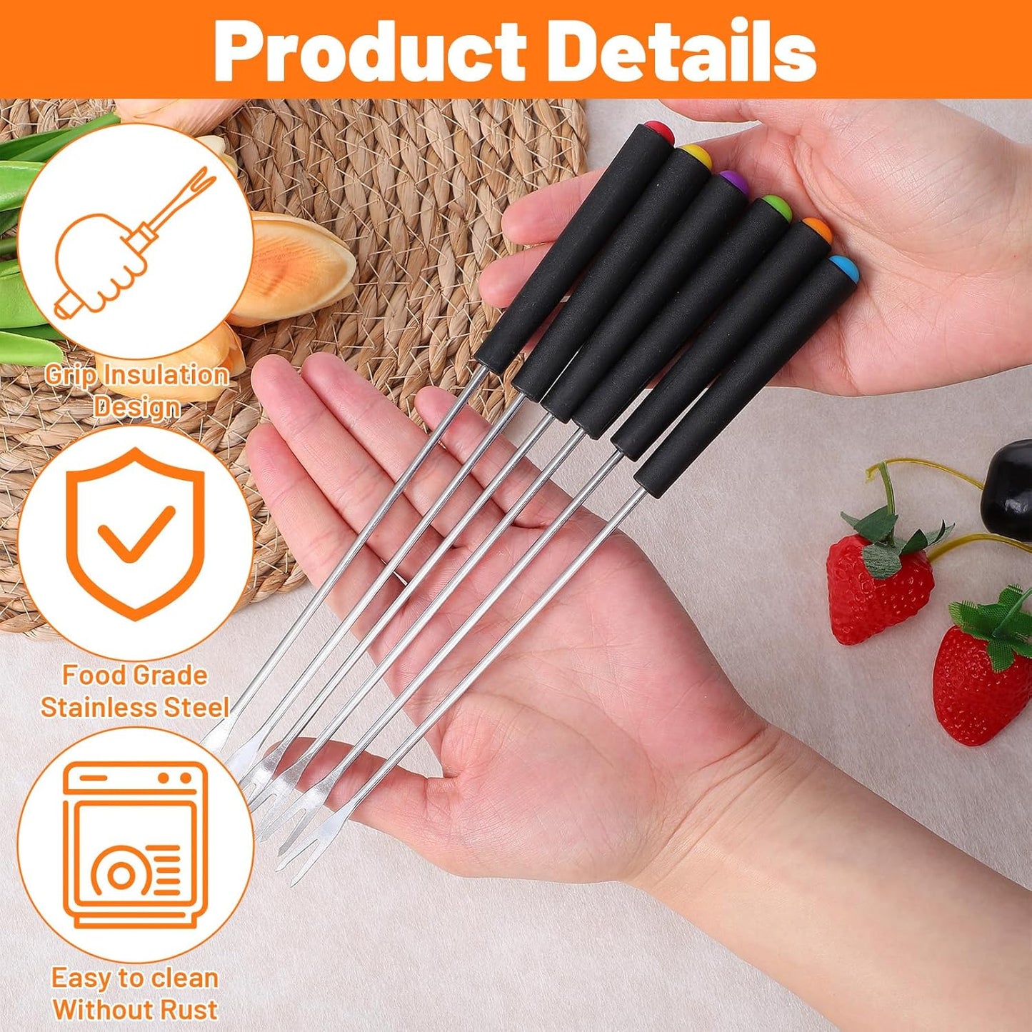 6 Tenedores Fondue Acero Inox 9.1pulg Brochetas Coloridas