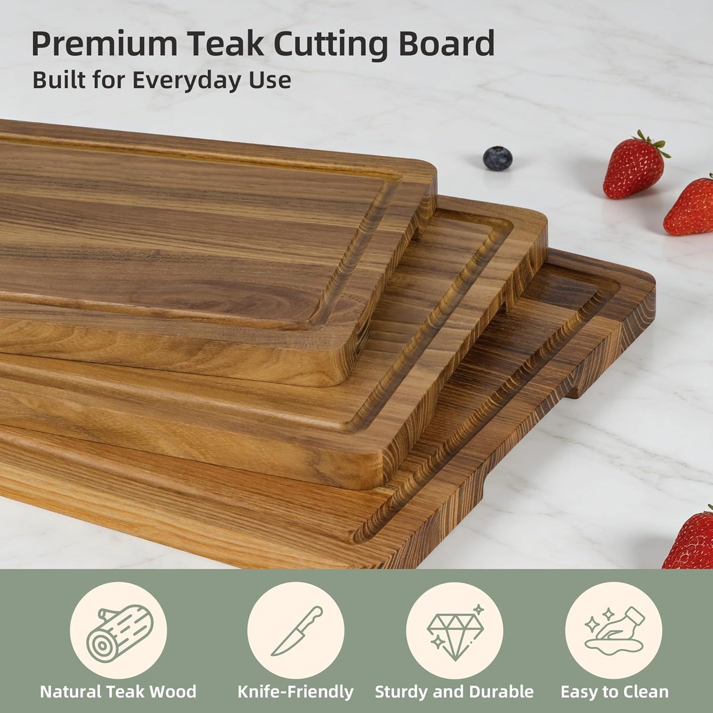Juego de tablas de cortar de madera de teca 3 piezas con soporte