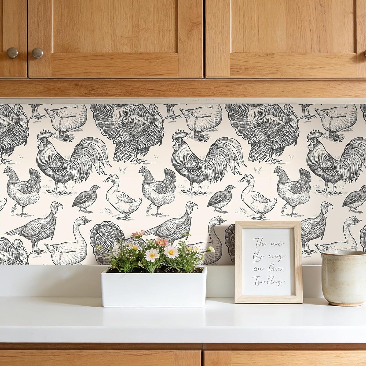 Papel tapiz campo despegar pegar cocina granja beige negro