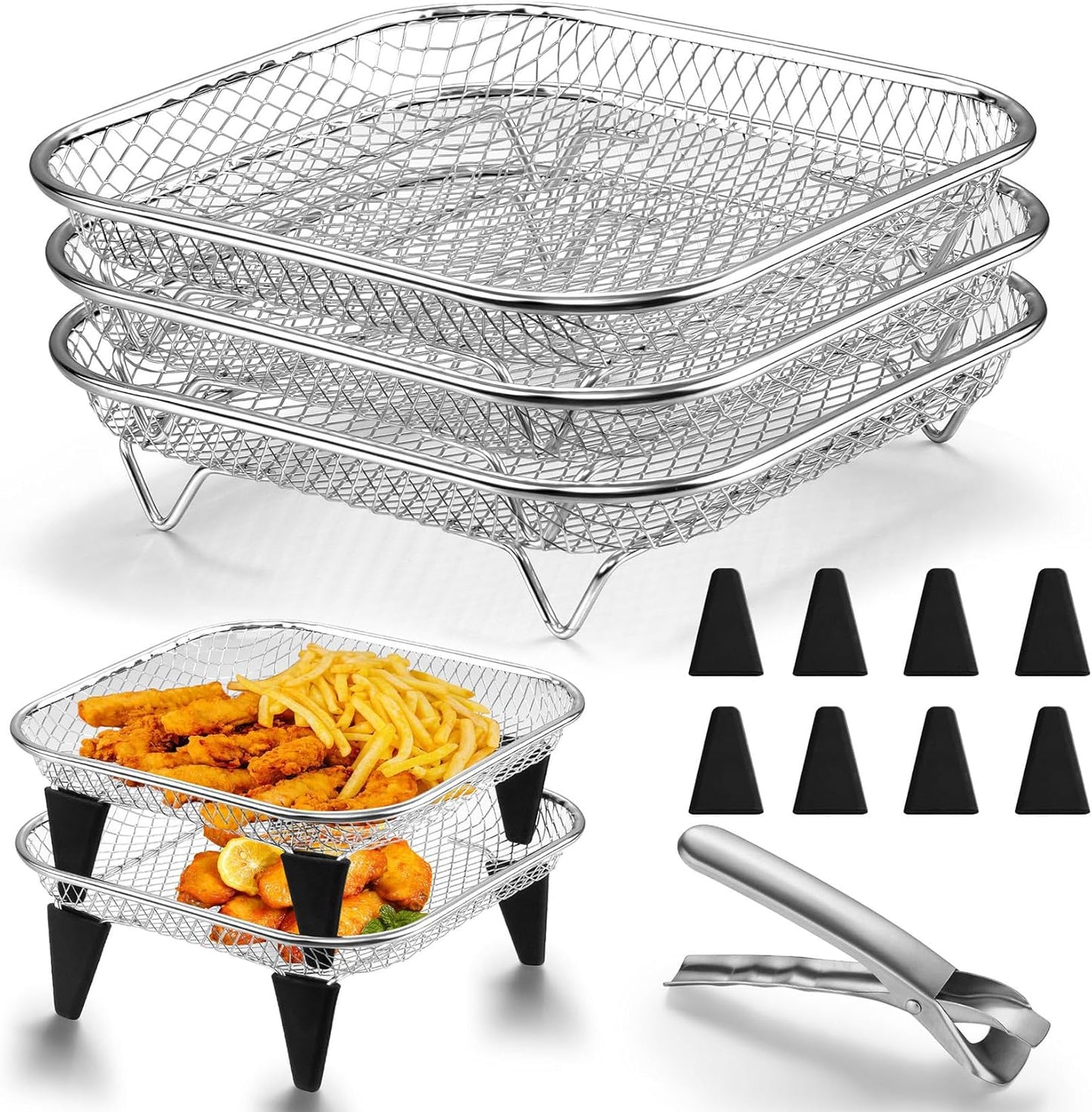 Set 3 Cestas Acero Inox Freidora Aire Con Clip Antiquemaduras