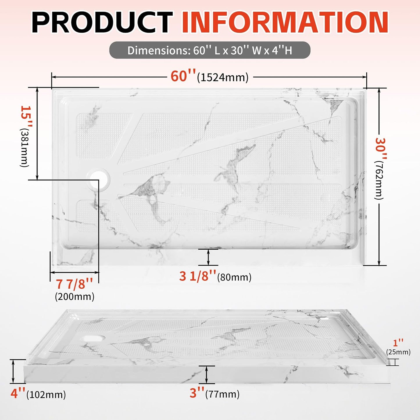 Base ducha 60x30pulg blanco mármol Carrara antideslizante