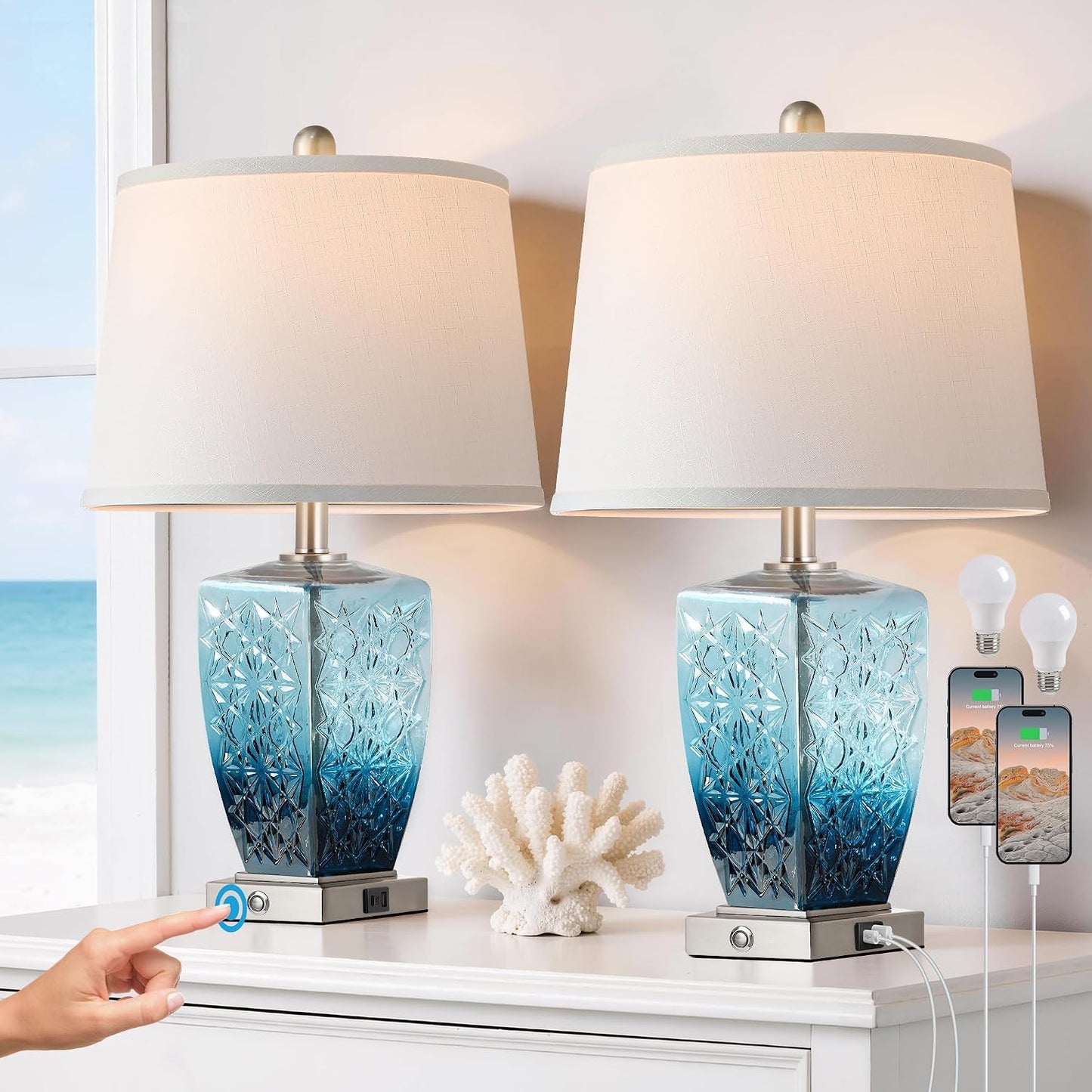 Lámparas mesa cristal sala dormitorio táctil 3 vías set 2