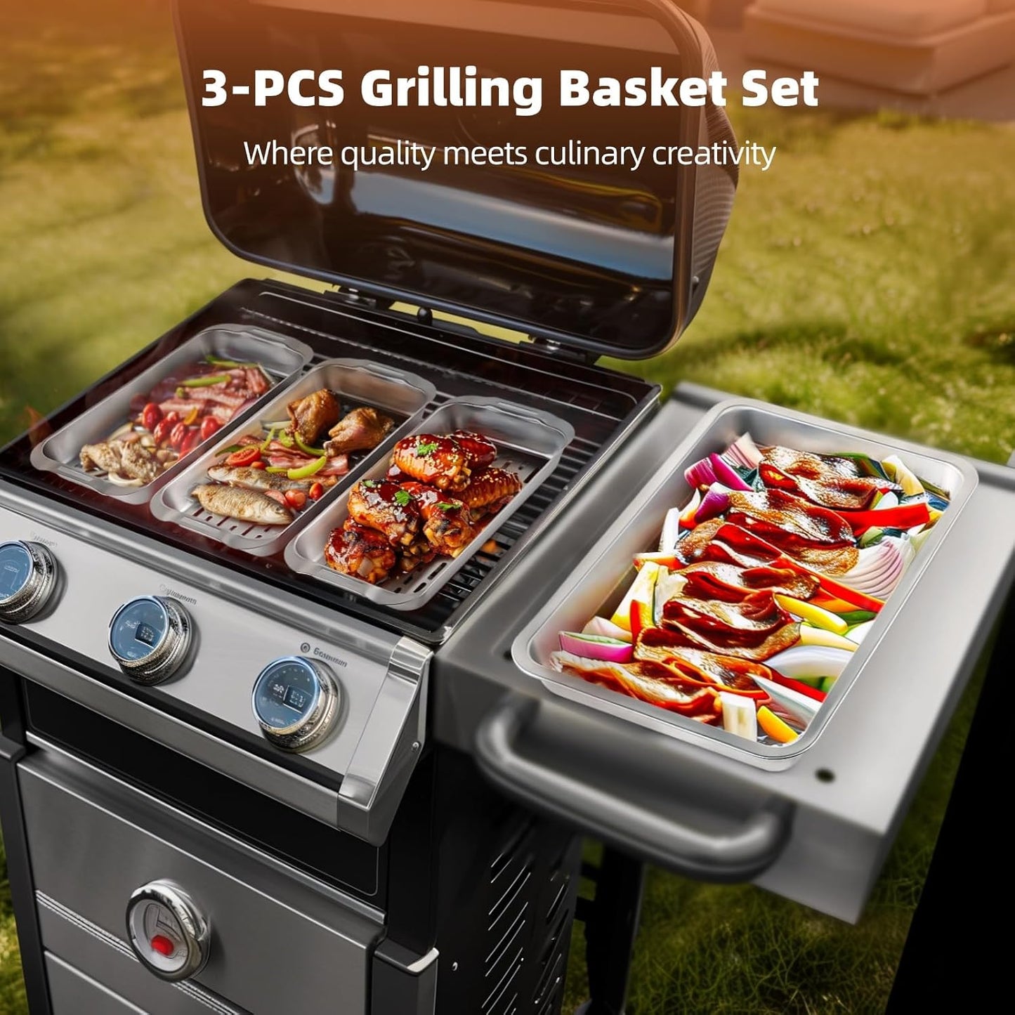 3 Pzas Cestas Acero Inox para Parrilla con Bandeja