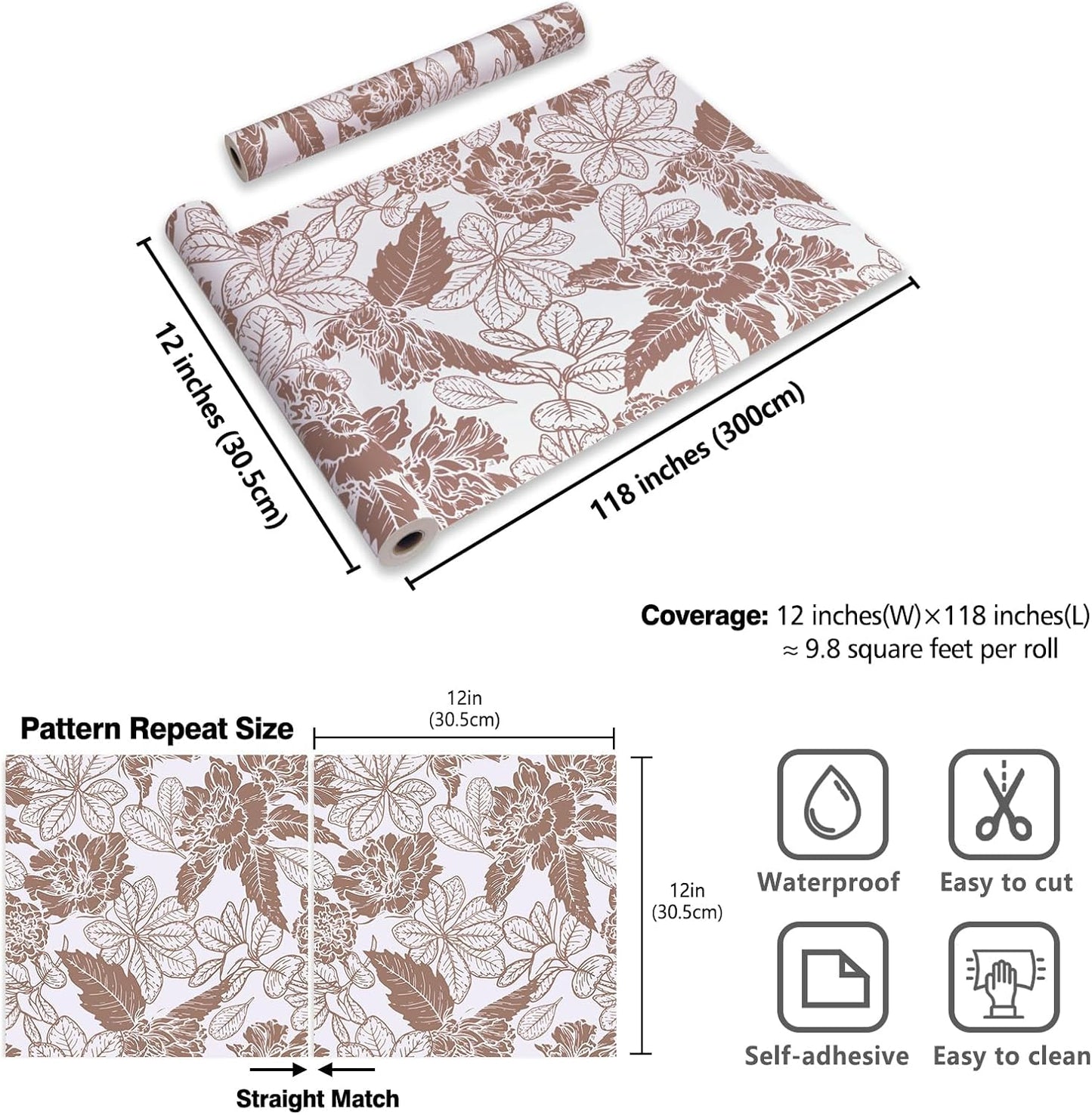 Papel tapiz floral marrón autoadhesivo 12x118pulg