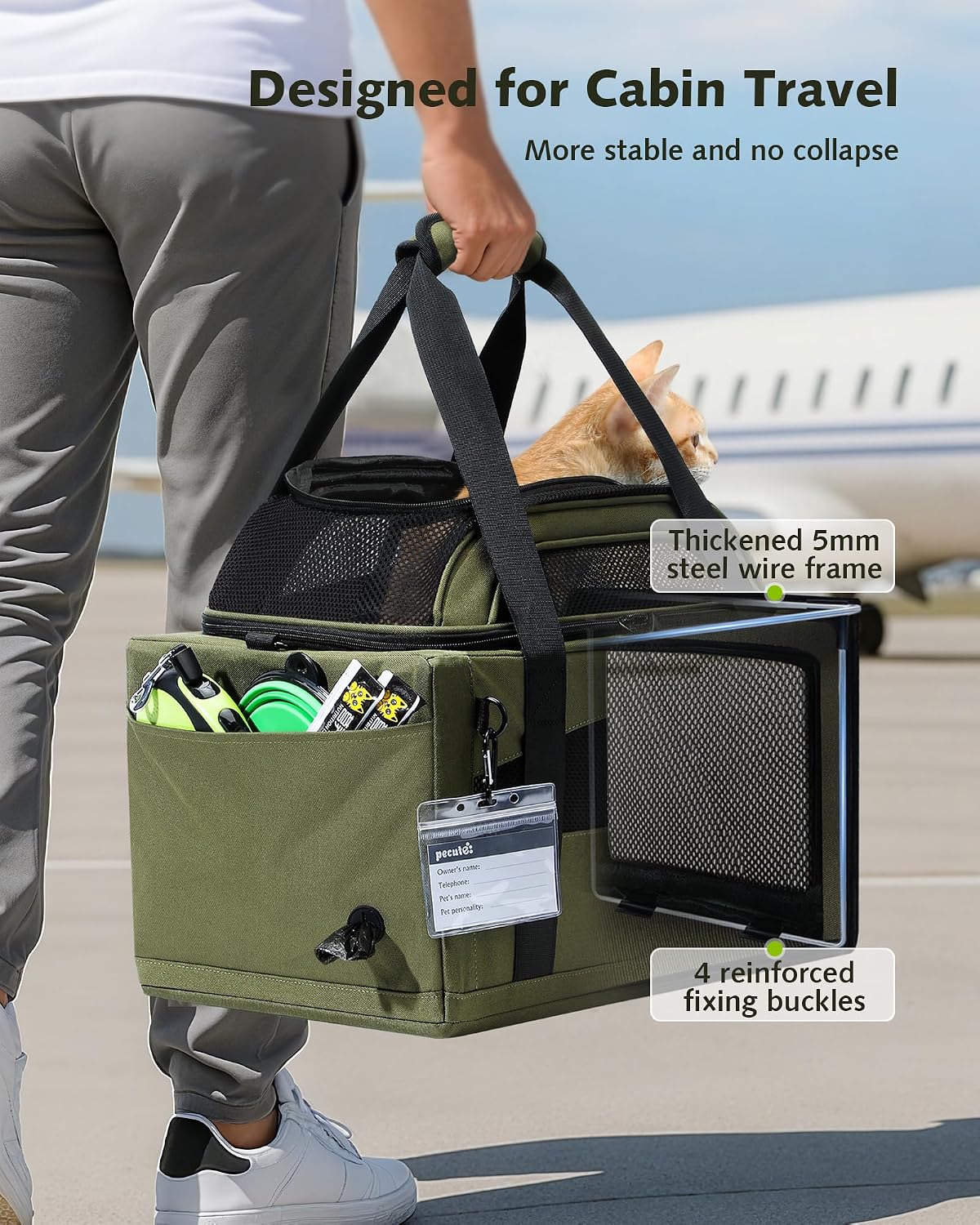 Transportador mascotas expandible transpirable con cremalleras verde
