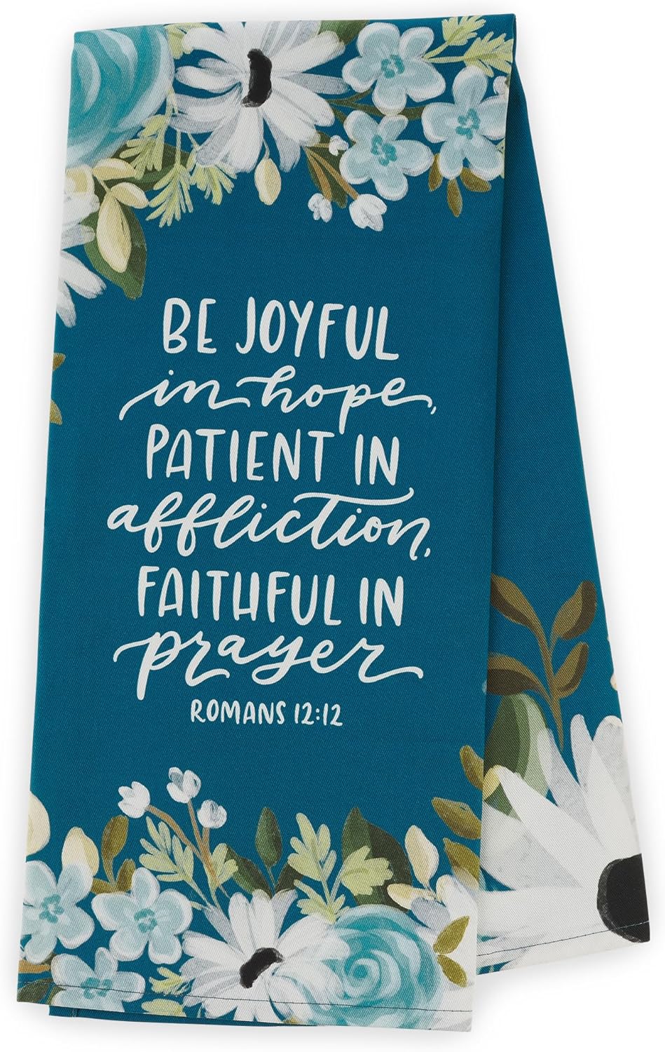 Toalla de té decorativa con versículo bíblico alentador Be Joyful, azul floral, 100% algodón
