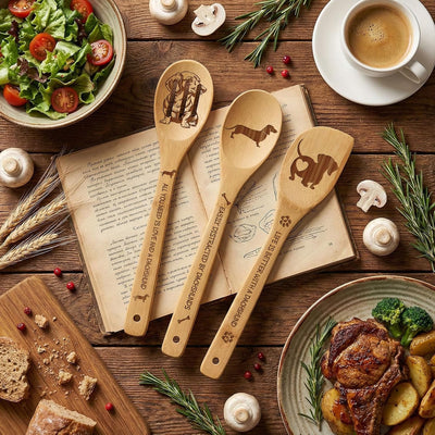 Utensilios de cocina decorativos de bambú para dachshund 5 piezas