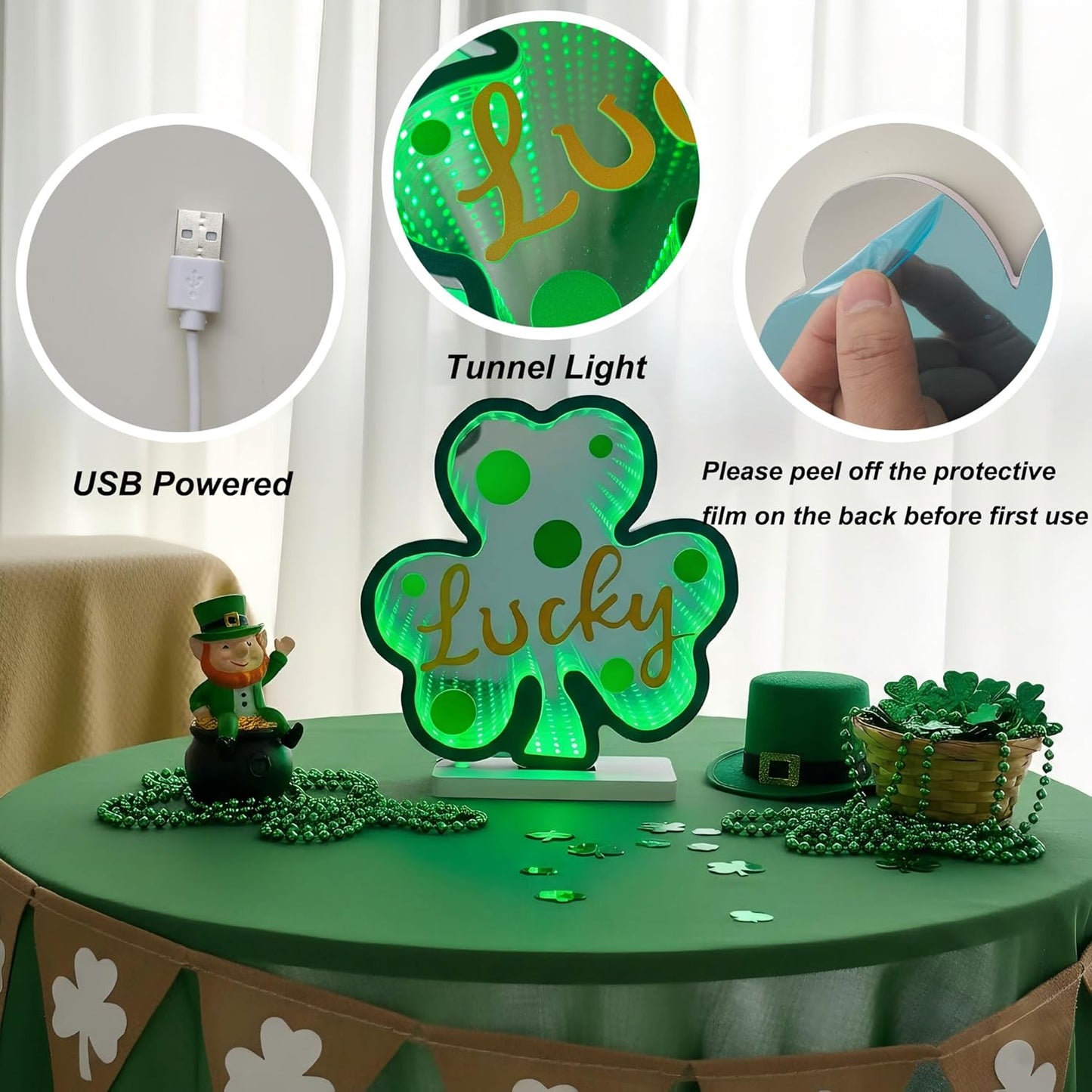 Luz trébol LED 3D para San Patricio y mesa irlandesa