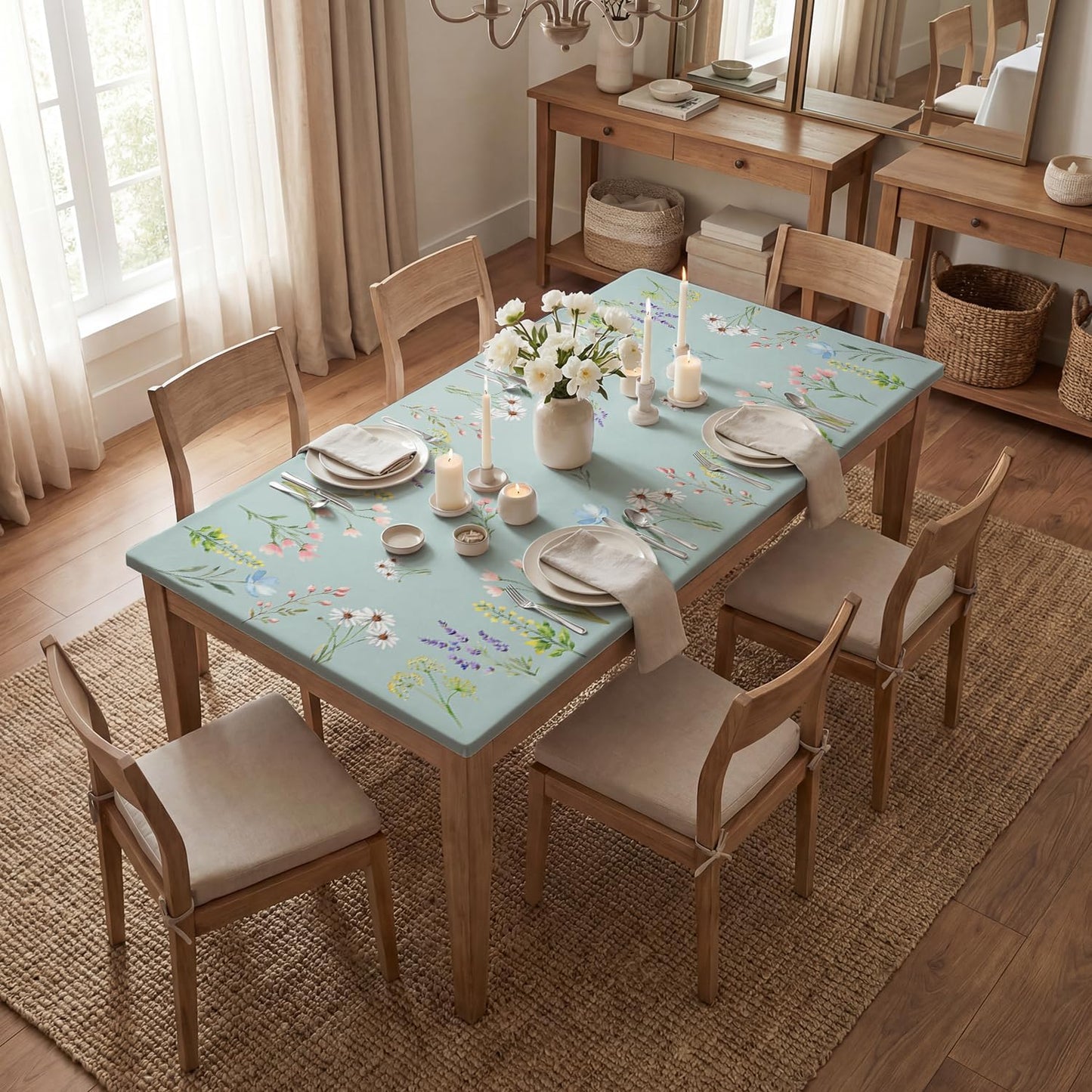 Mantel rectangular 72x30pulg diseño tulipanes elástico verde