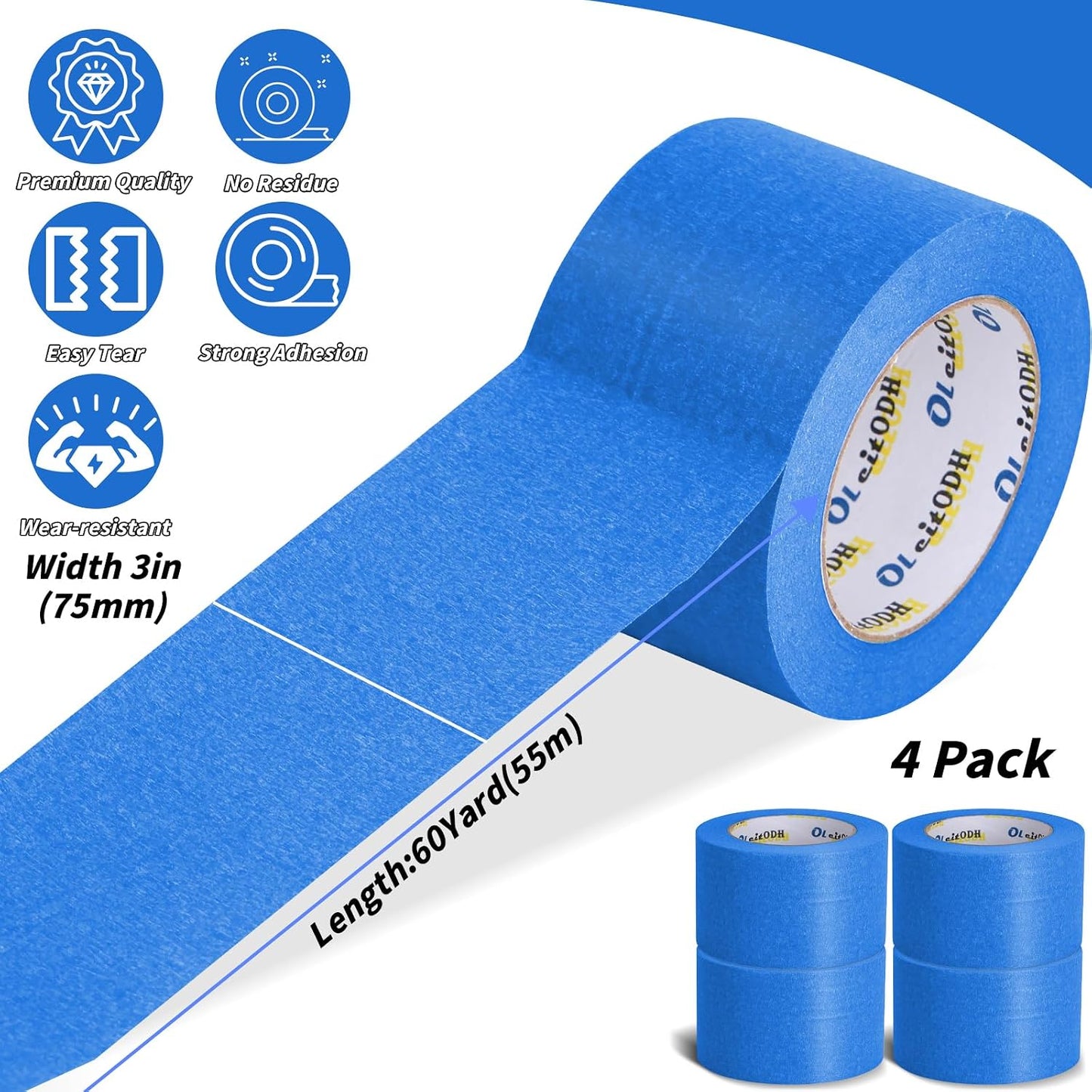 4 Rollos Cinta Azul Pintores 3pulg x60yd Sin Residuos