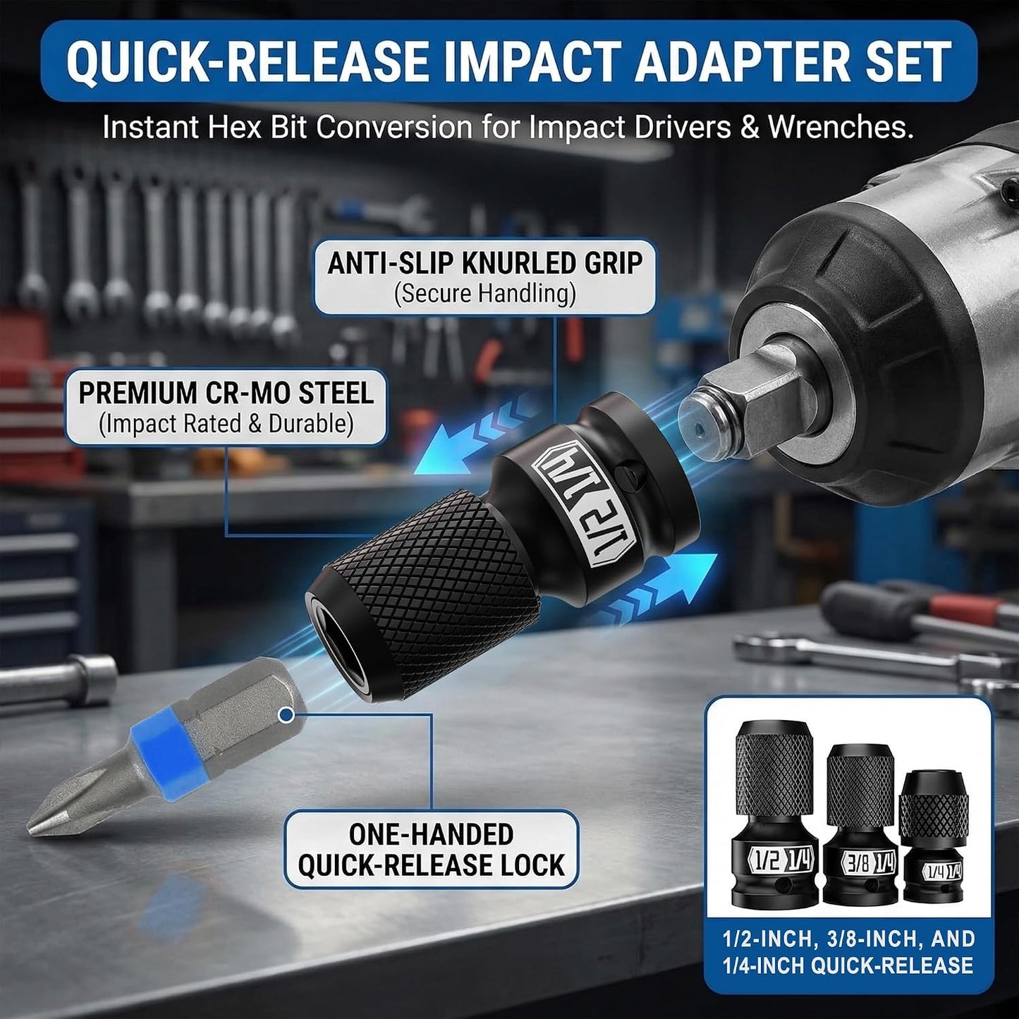 Juego adaptadores llave impacto 1/2 3/8 1/4 pulg