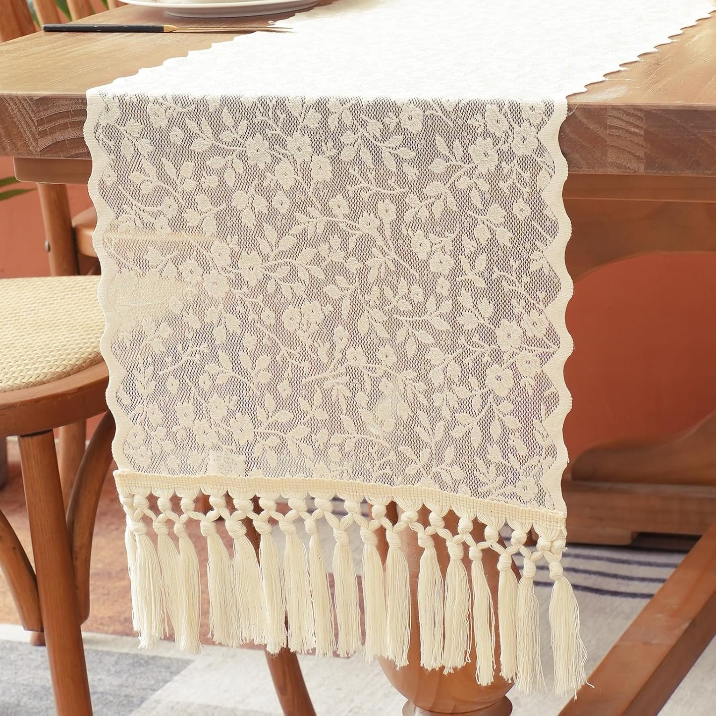 Camino de mesa beige con flores bohemio rústico vintage para Navidad otoño