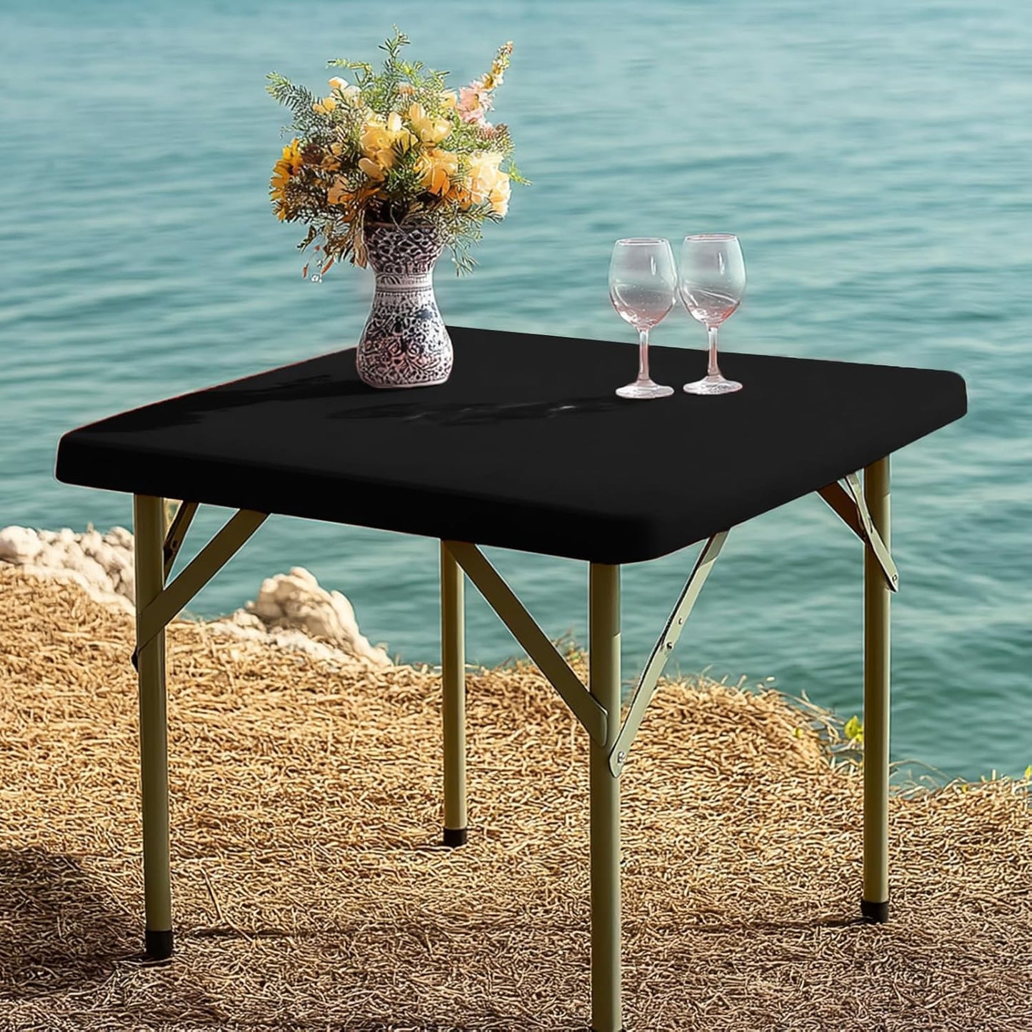 Mantel ajustable de elastano negro elástico plegable para cocina comedor picnic