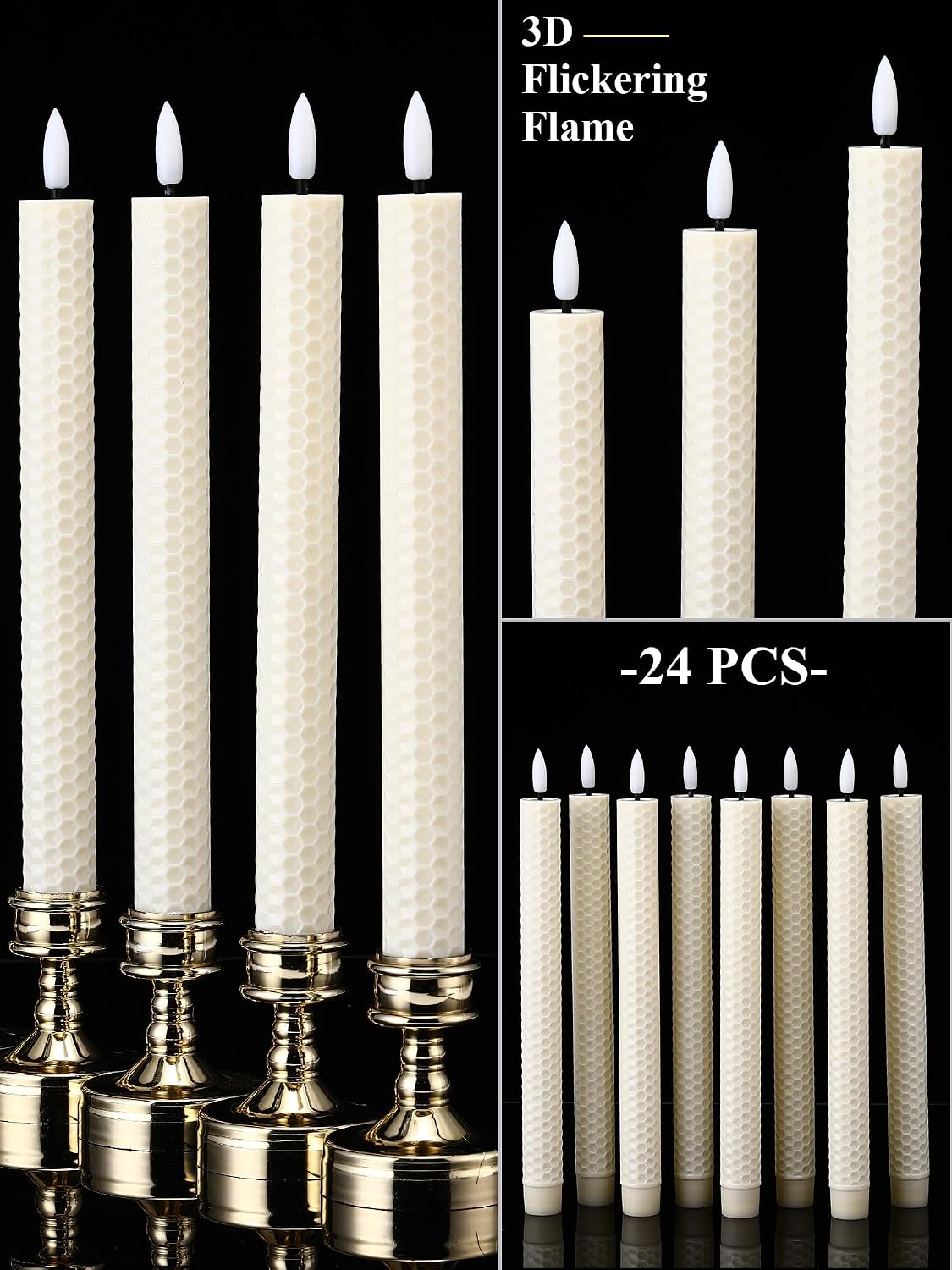24 Velas Cónicas LED Parpadeantes 11pulg Marfil