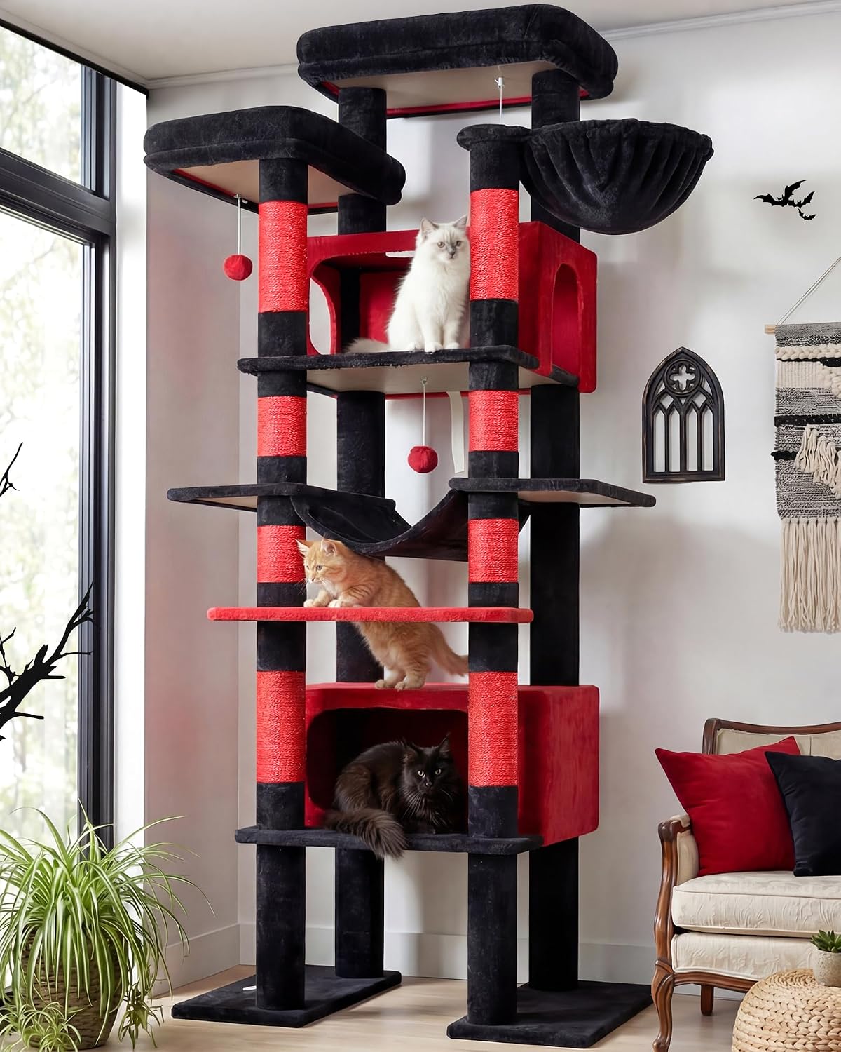 Árbol gótico XXL para gatos 83pulg con 8 postes rascadores hamaca