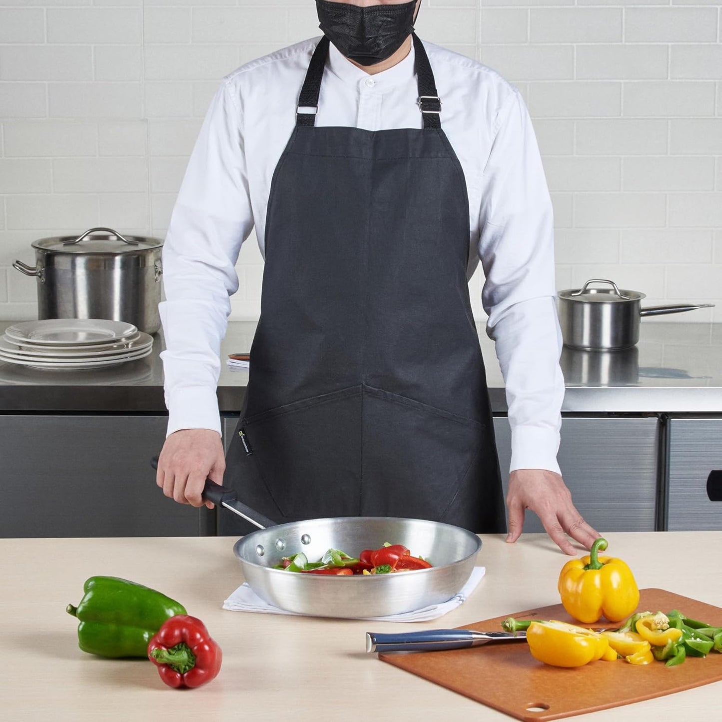 Set 4 Delantal Cocina Algodón con Bolsillos Ajustable Negro