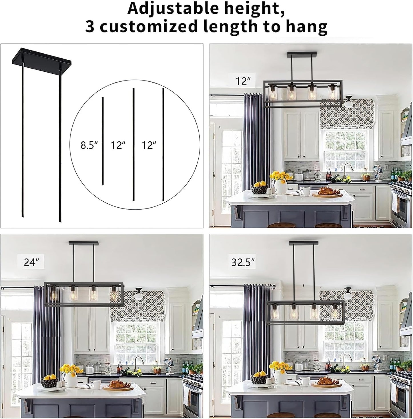 Lámpara comedor isla cocina 4 luces metal grueso ajustable