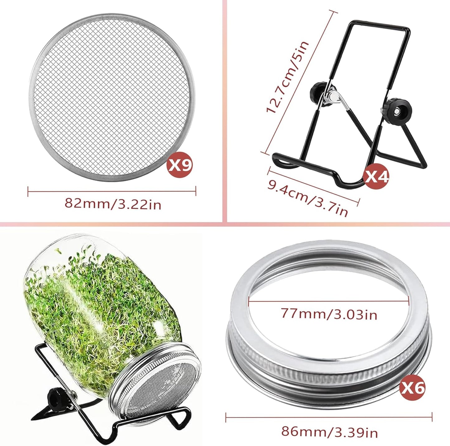 Juego de 6 tapas de brotes para tarros Mason acero inoxidable 316 boca ancha filtros malla soportes ajustables