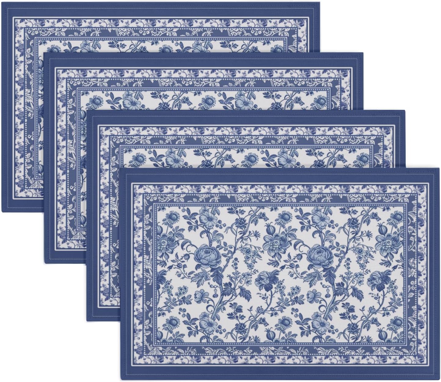 Juego de 4 manteles individuales florales azules de lino resistente al calor