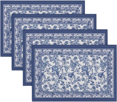 Juego de 4 manteles individuales florales azules de lino resistente al calor