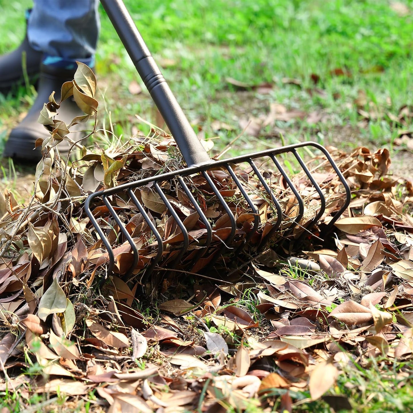 Rastrillo jardín metal resistente 16pulg mango 56pulg 11 púas acero