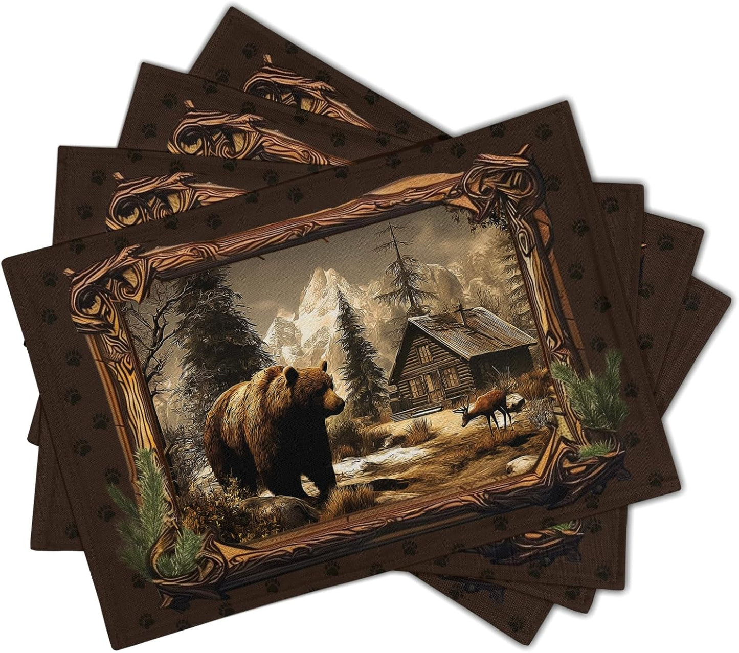 Juego de 4 manteles individuales con diseño de oso rústico 12 x 18 pulgadas
