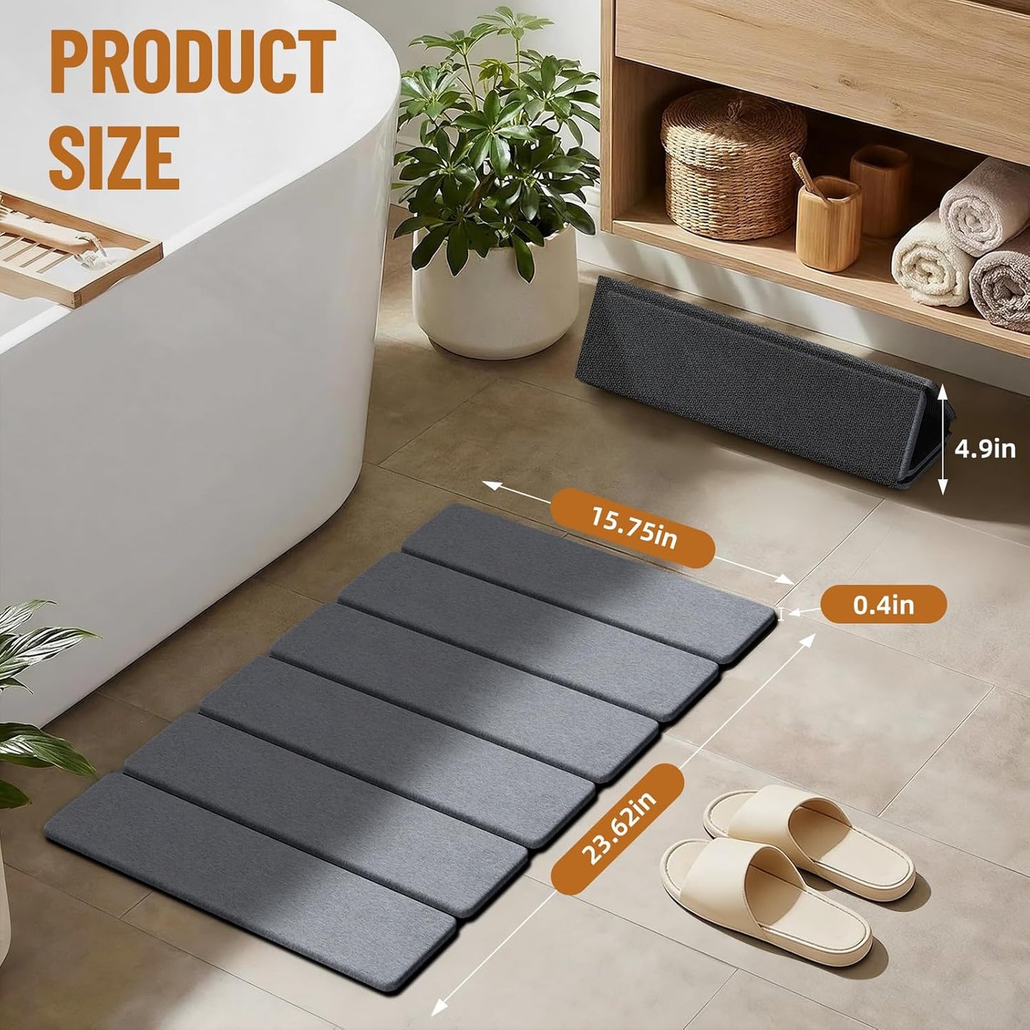 Tapete baño piedra plegable secado rápido 24x16pulg gris oscuro