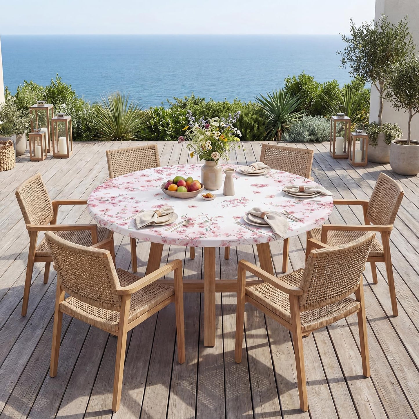 Mantel Redondo Primavera 60pulg Diseño Cerezo Rosa Elástico Lavable