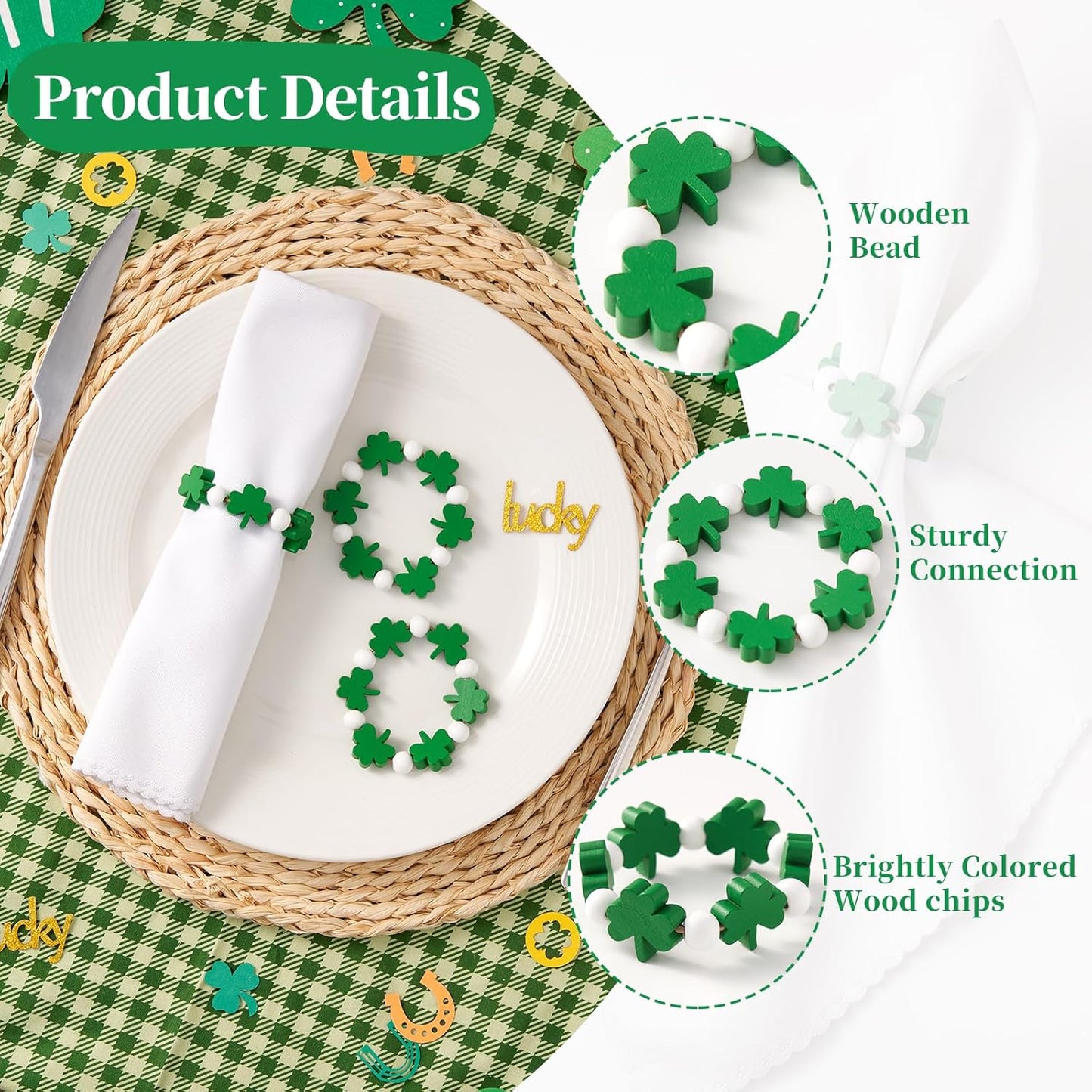 Juego de 6 servilleteros de trébol de madera para San Patricio
