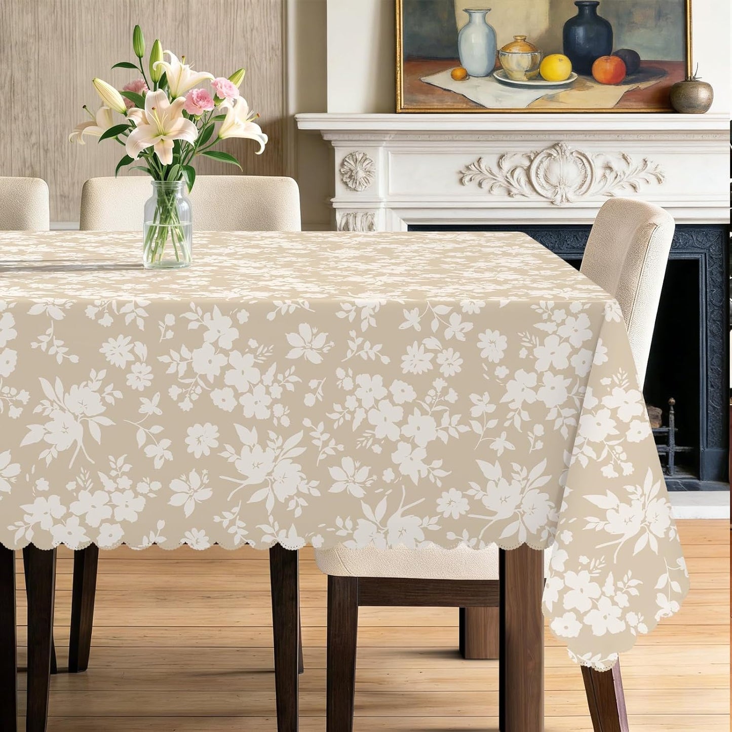 Mantel rectangular poliéster lavable con diseño floral beige 60x84