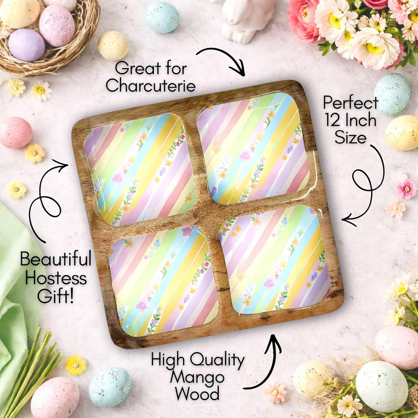 Bandeja Pascua 12x12pulg 4 compartimentos madera mango