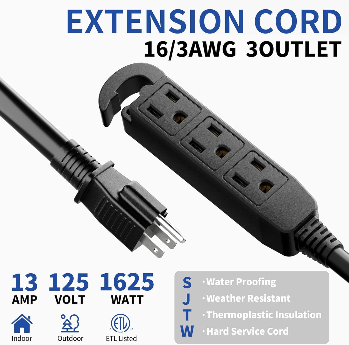 Cable extensión exterior 15ft 3 tomas impermeable