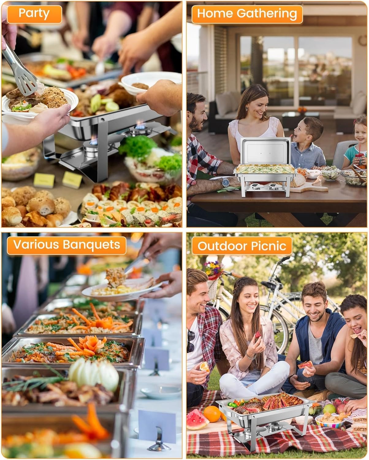 6 Pzas Chafer Acero Inox con Tapas 8qt para Eventos