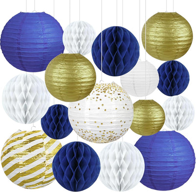 16 Linternas Papel Colgantes Azul Marino y Dorado Bolas Panal Fiesta
