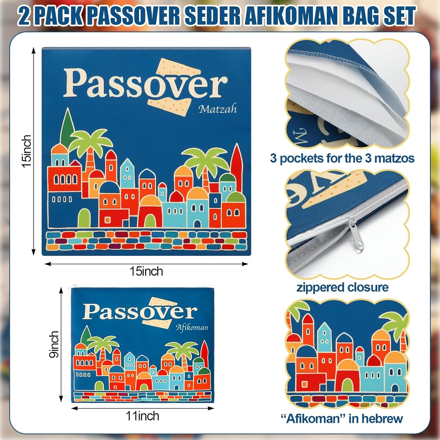 Juego 2 bolsas Afikoman 3 capas para Pesaj rústico