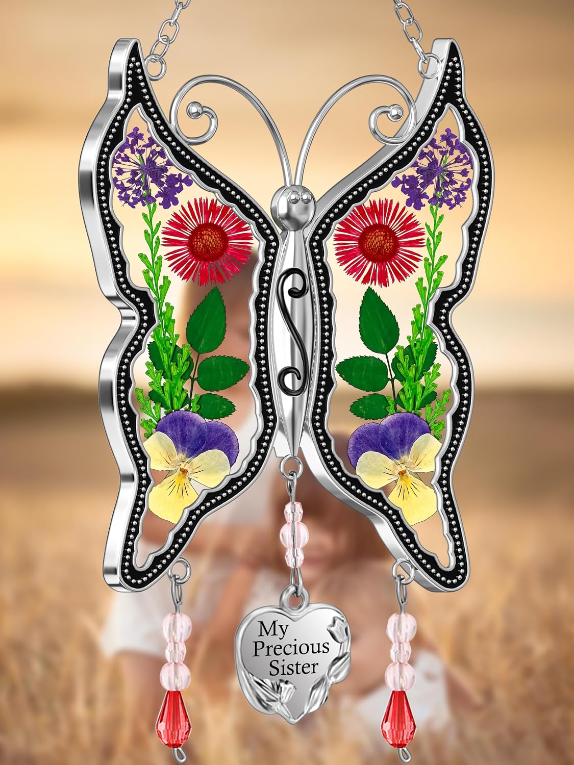 Adorno mariposa con cristales y texto «Precious mom»