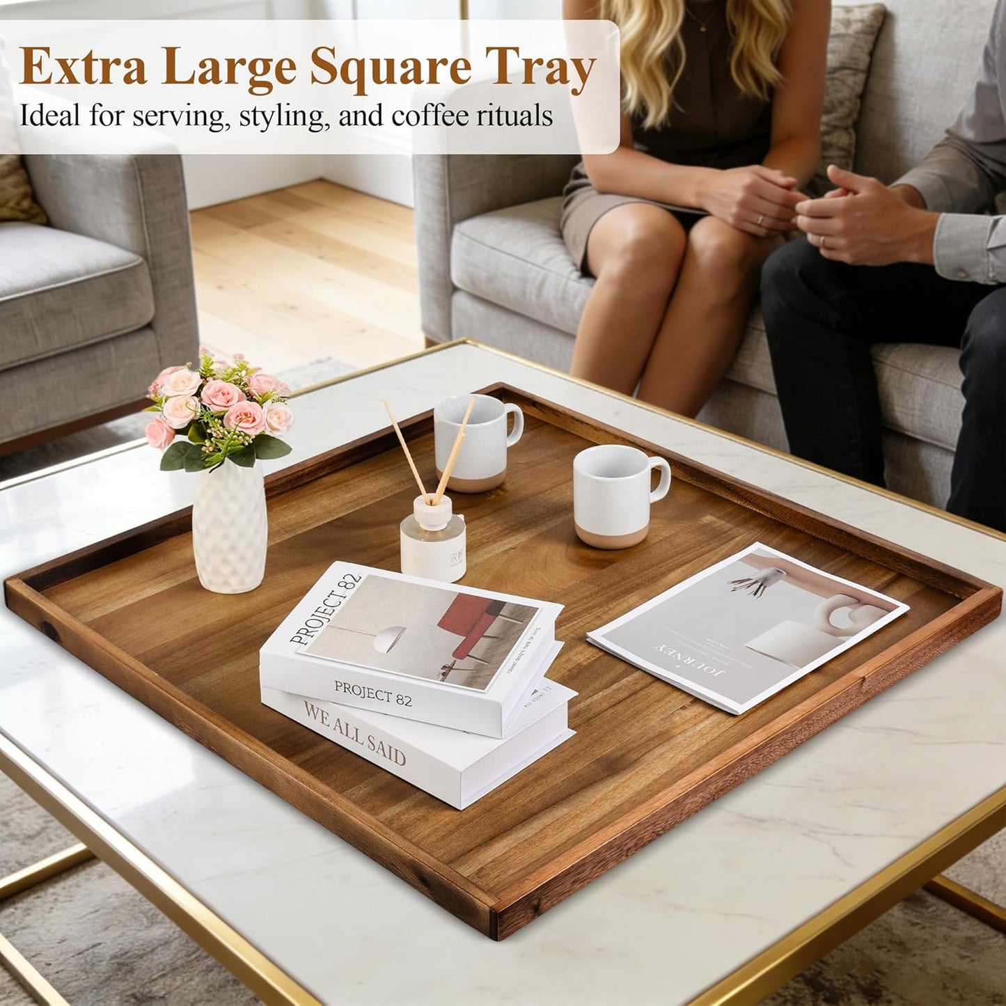 Bandeja cuadrada acacia grande 30x30pulg para mesa auxiliar