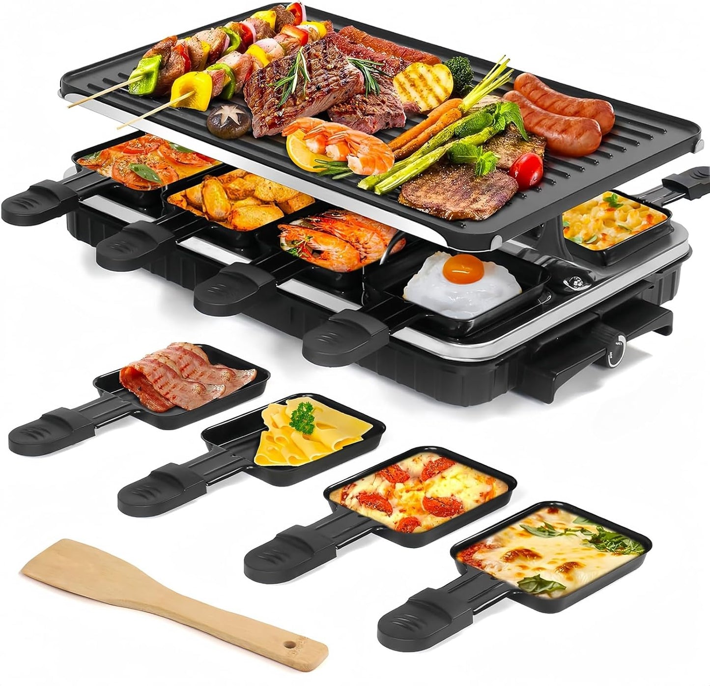 Parrilla eléctrica Raclette 1300W con sartén y 8 mini