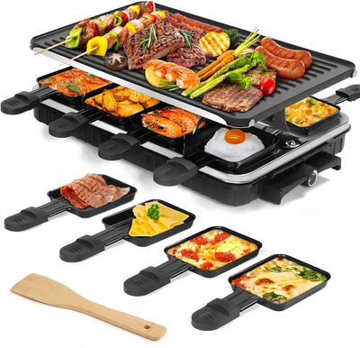 Parrilla eléctrica Raclette 1300W con sartén y 8 mini