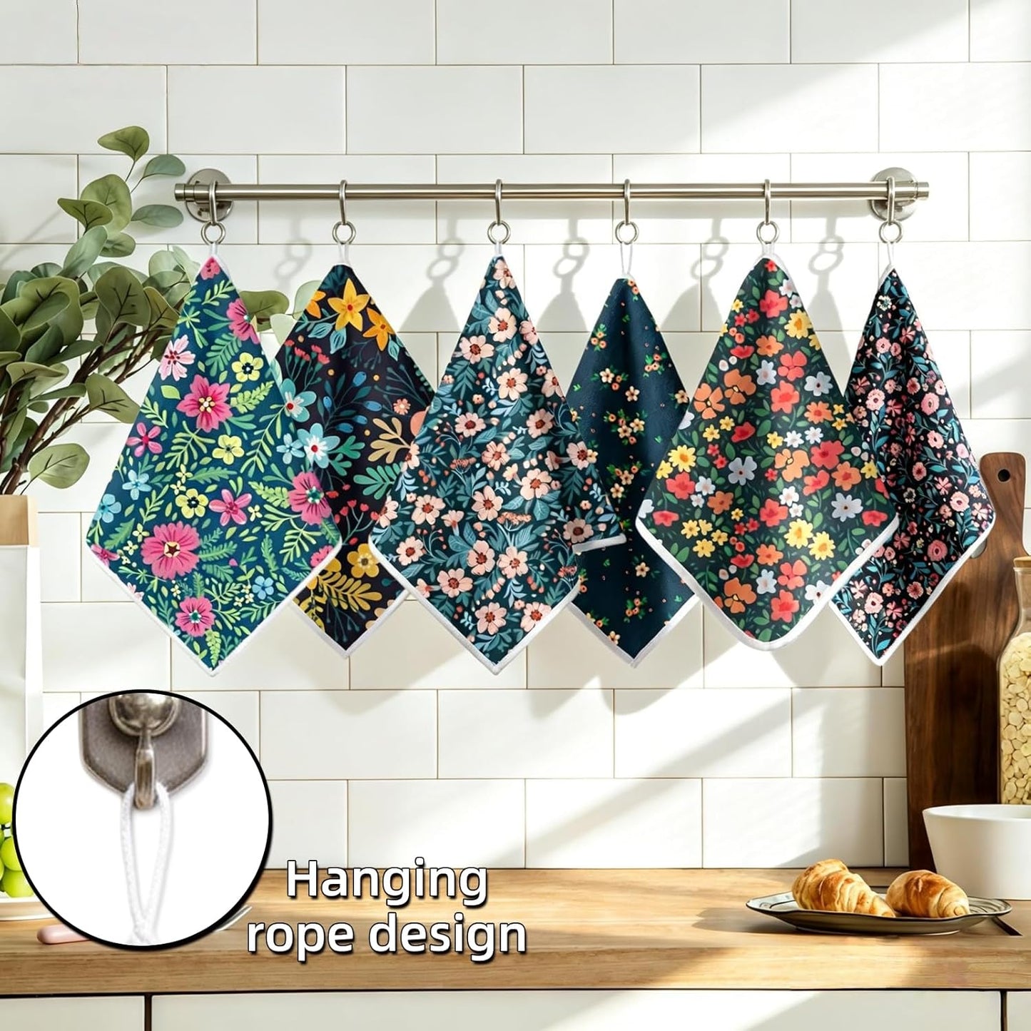 Toallas de cocina reutilizables con bucle para colgar 7x7 pulgadas microfibra decoración floral