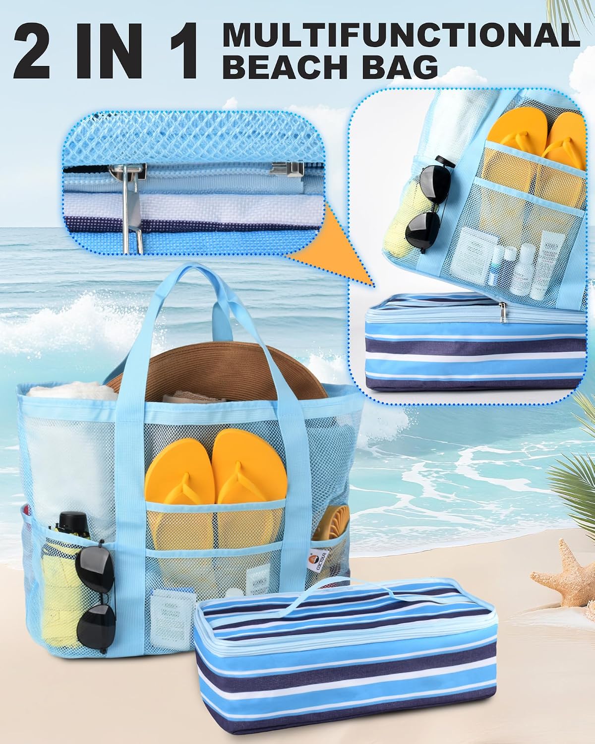 Bolsa playa con hielera malla 8 bolsillos plegable mujer