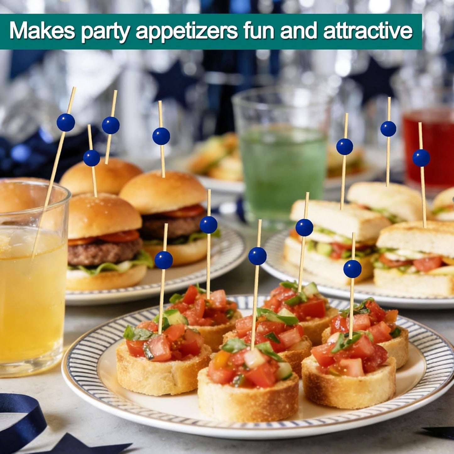 100 Palillos Cóctel Bambú Azul Marino 4.7pulg Aperitivos