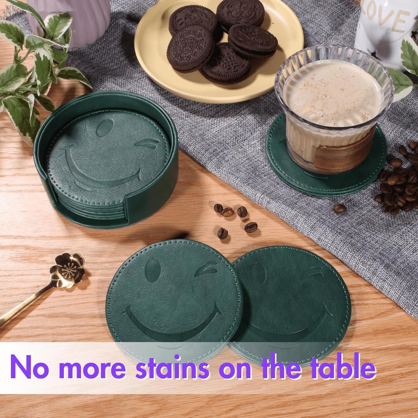 Juego de 6 posavasos de cuero con soporte y diseño en relieve, color verde