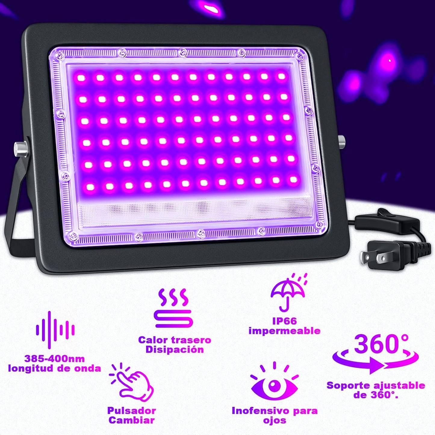 2 Luces LED Negra 50W IP66 con Enchufe para Fiesta Halloween