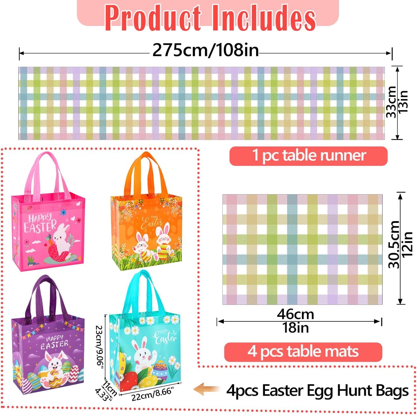 Camino mesa Pascua 13x108pulg mantel 12x18pulg bolsas regalo tela