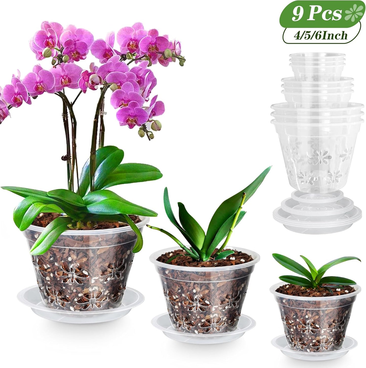 Set 9 Macetas Orquídeas 4-6pulg Plástico Translúcido Con Platillos
