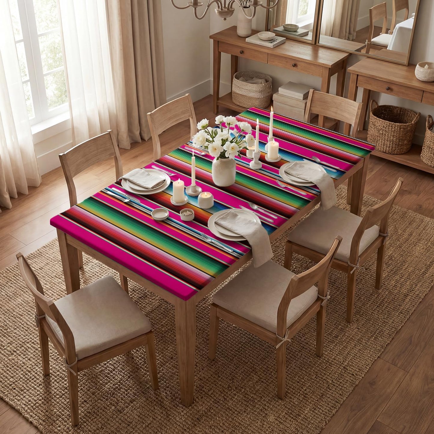 Mantel rectangular ajustable 72 x 30 pulgadas diseño Cinco de Mayo color rosa rayas verticales lavable
