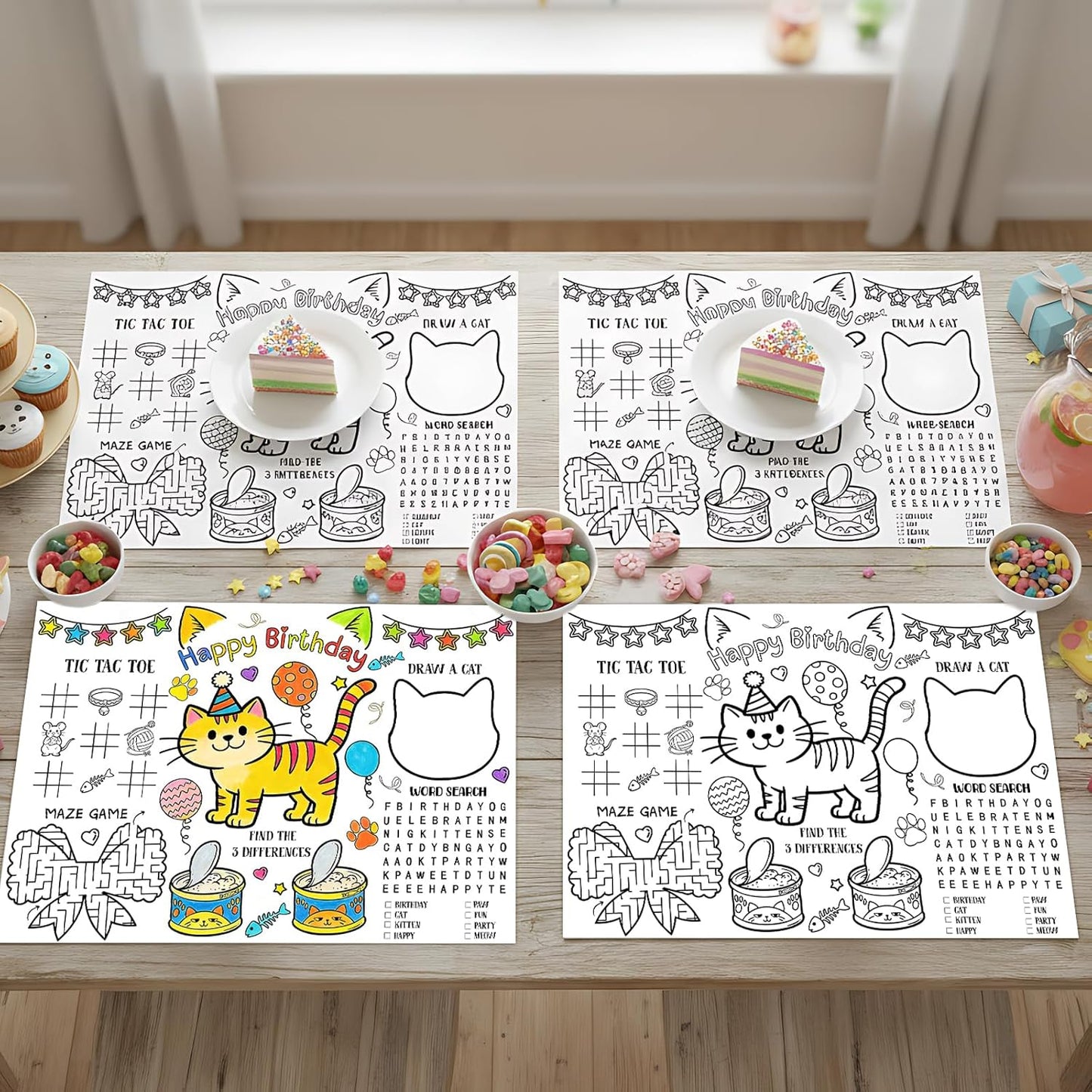 Manteles individuales para colorear de gato para cumpleaños
