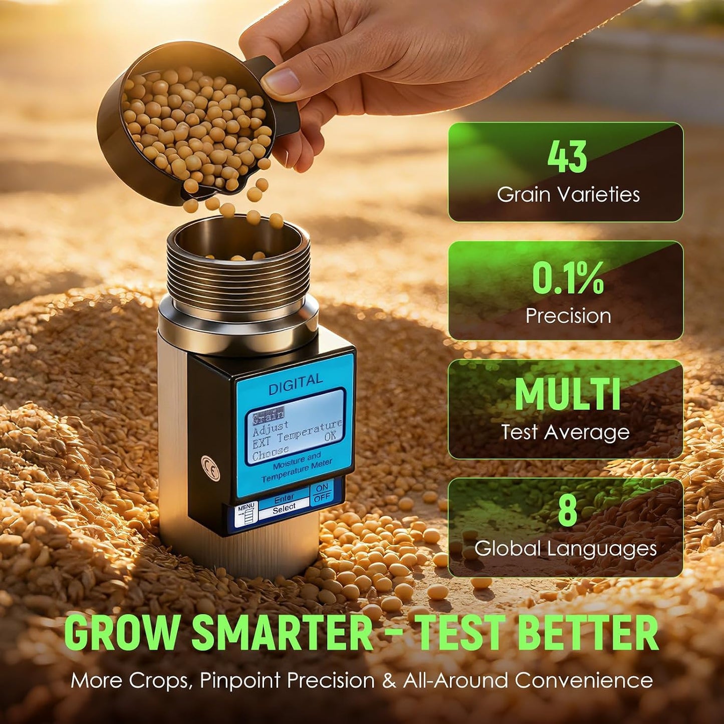 Medidor humedad grano 43 en 1 ±0.5% para maíz trigo café